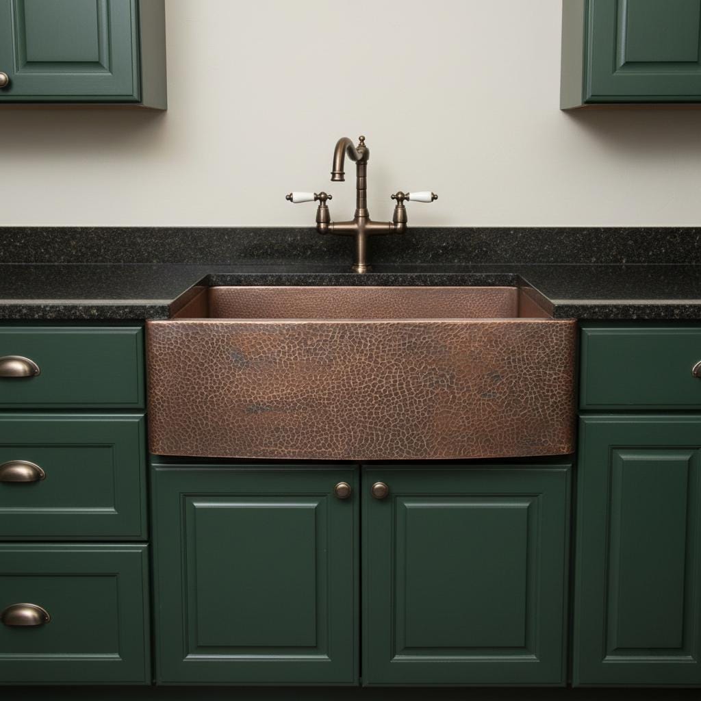 Copper farmhouse sink in a kitchen with green cabinets and black countertops.