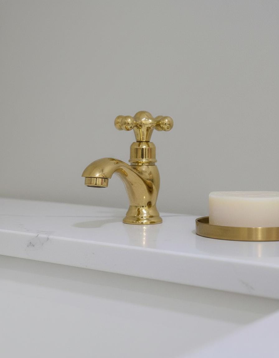 Gold faucet on a white marble countertop with a neutral background