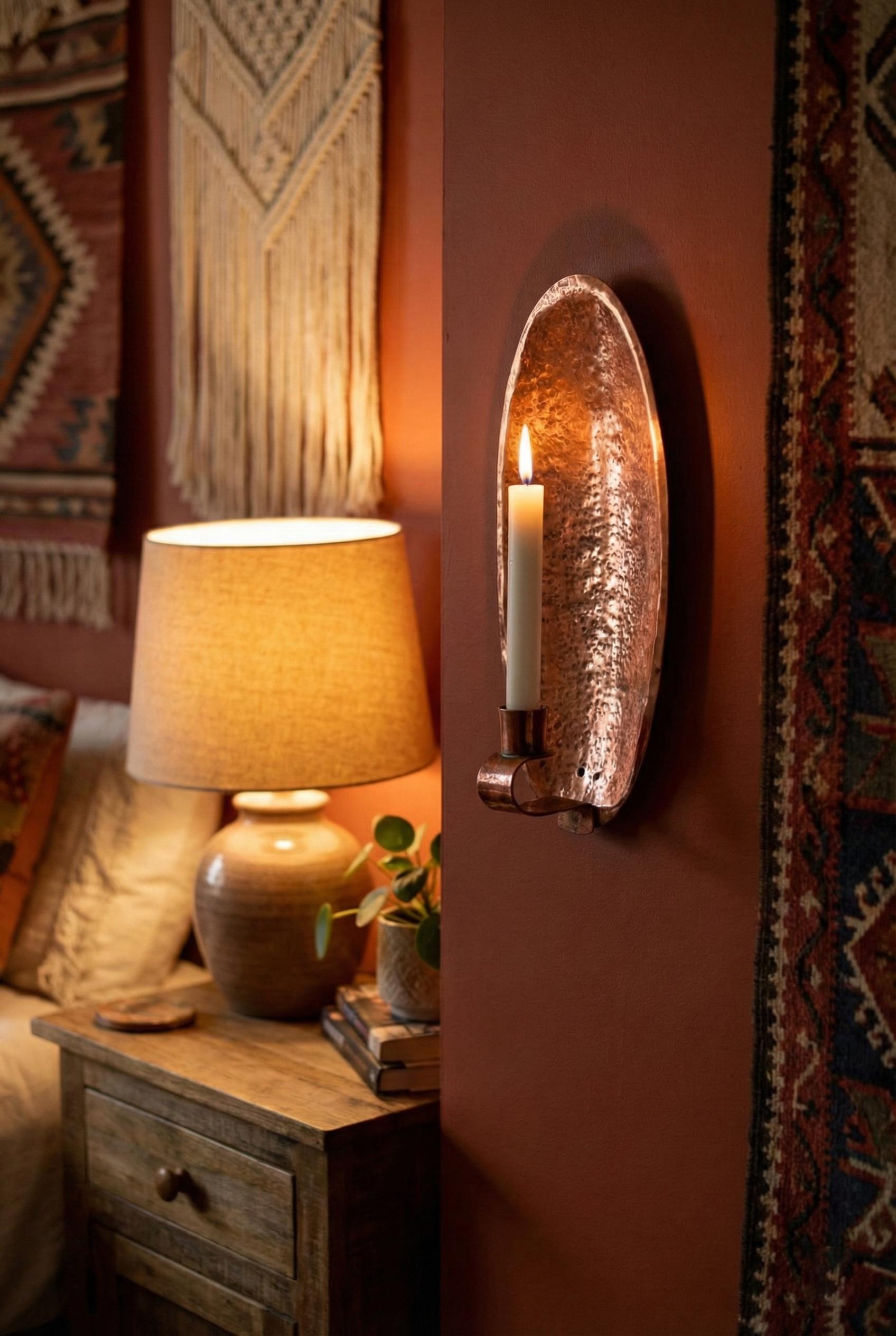 Nestled corner of a room with a wooden nightstand, lamp, and decorative mirror.