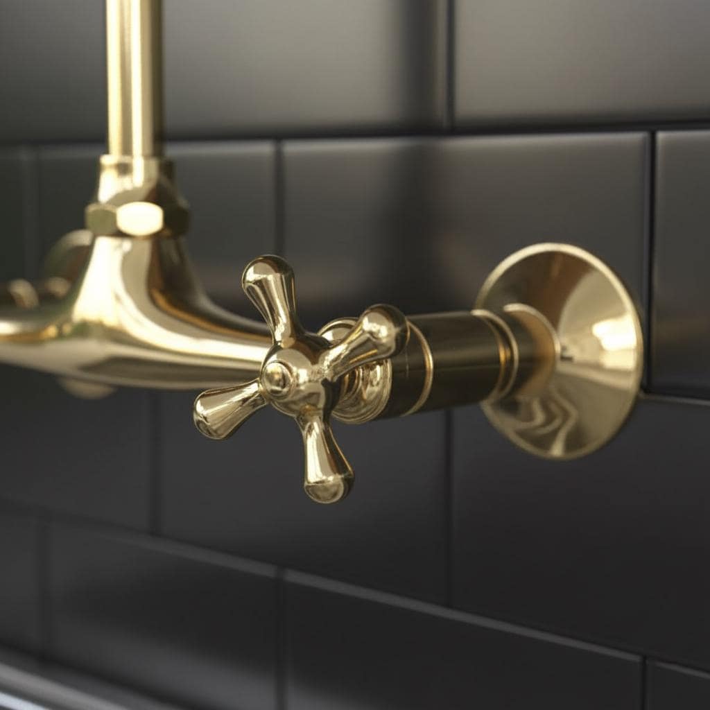Gold faucet on a black tiled wall