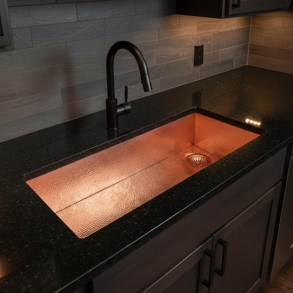 Copper kitchen sink with black faucet in a modern kitchen setting