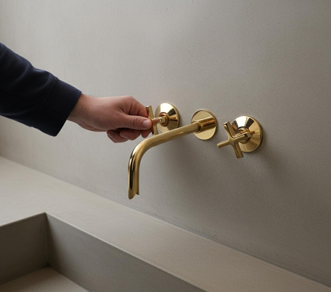 Gold wall-mounted faucet being turned by a hand against a neutral background