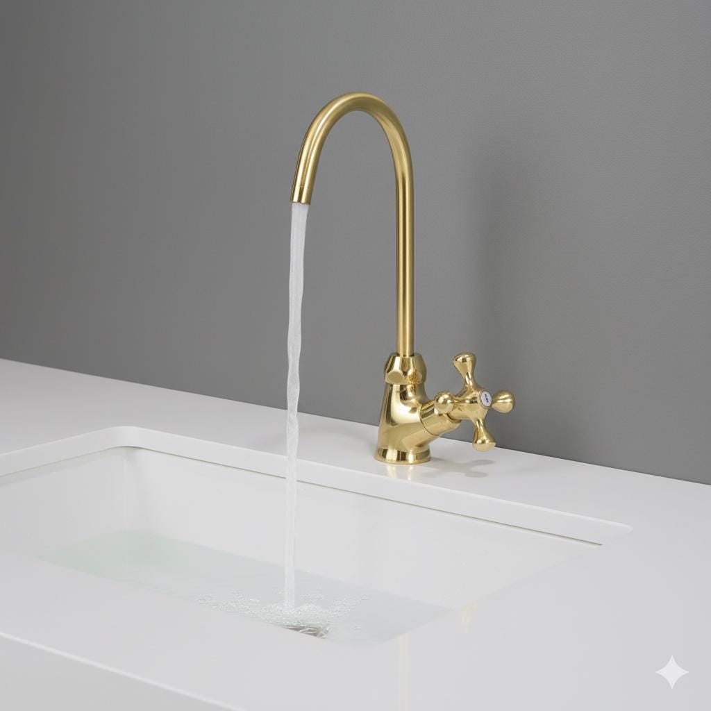 Gold kitchen faucet with water flowing into a sink against a gray background