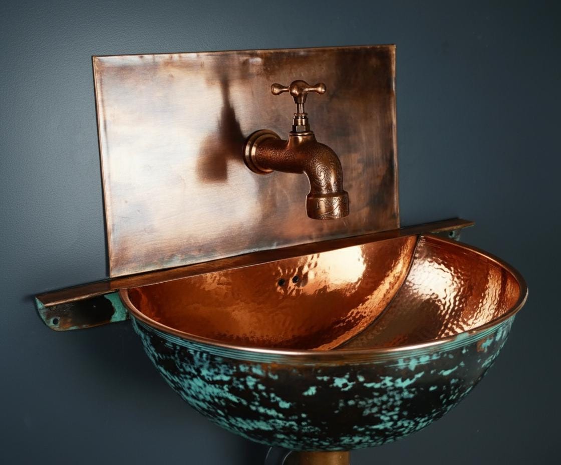 Copper wall-mounted sink with faucet against a dark background
