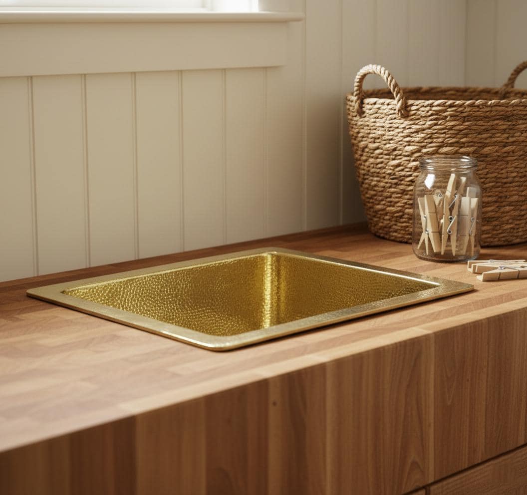 Gold sink on a wooden countertop with a woven basket and jar in the background.
