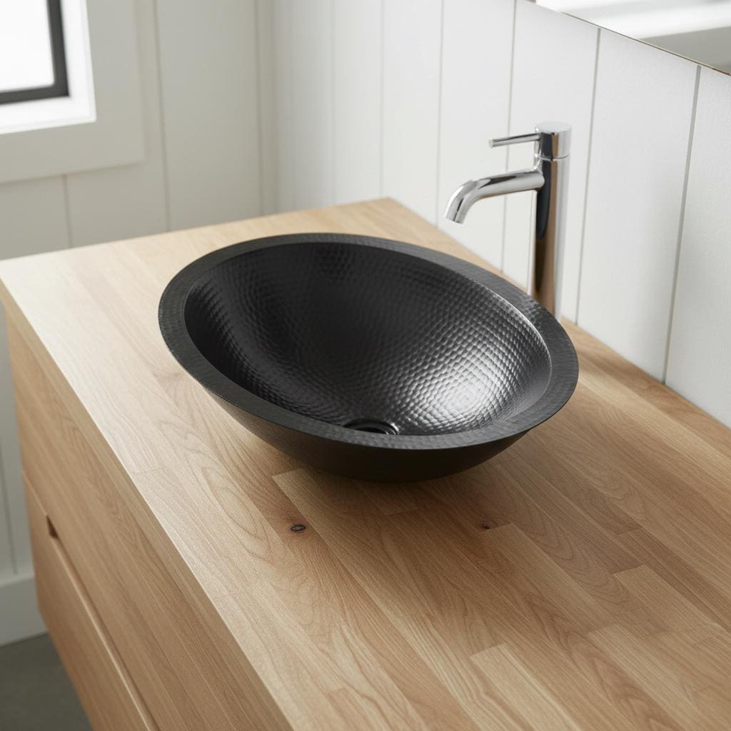 Black textured sink on a wooden vanity with a silver faucet.