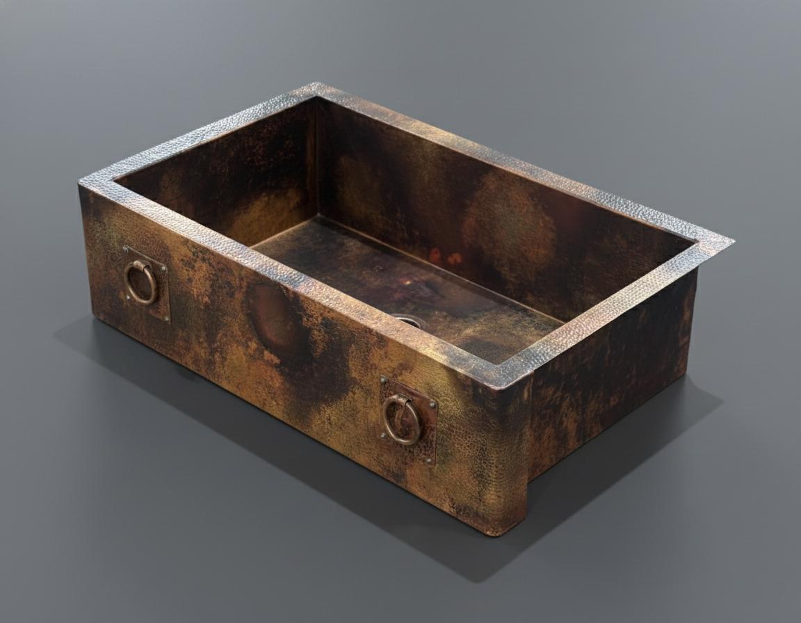 Rustic metal sink on a gray background