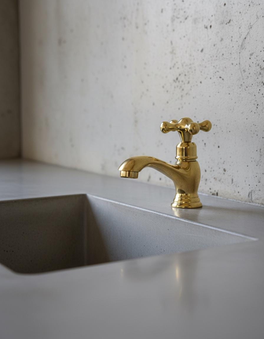 Gold faucet on a concrete sink with a textured wall background