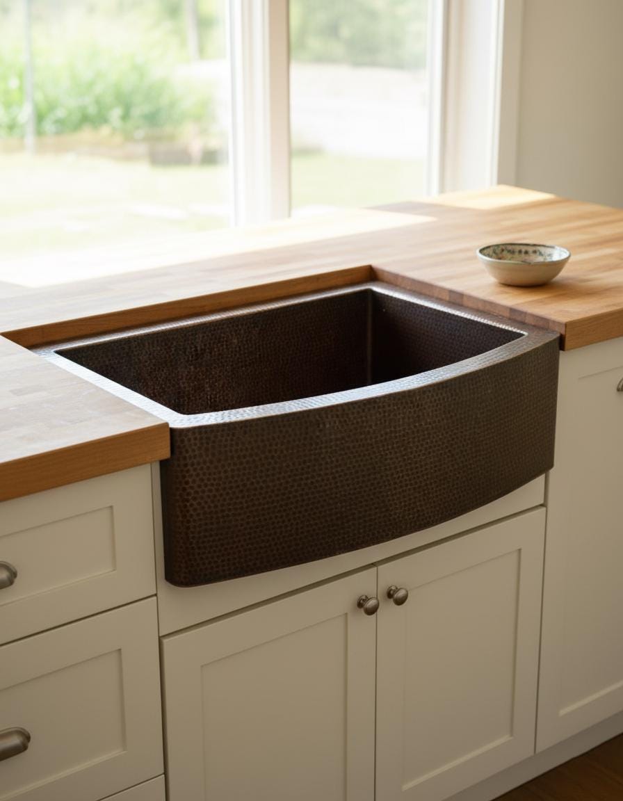 Kitchen sink embedded in a wooden countertop with white cabinets.
