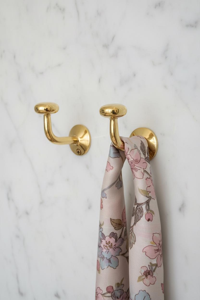 Gold hooks on a marble wall with floral scarves hanging from them