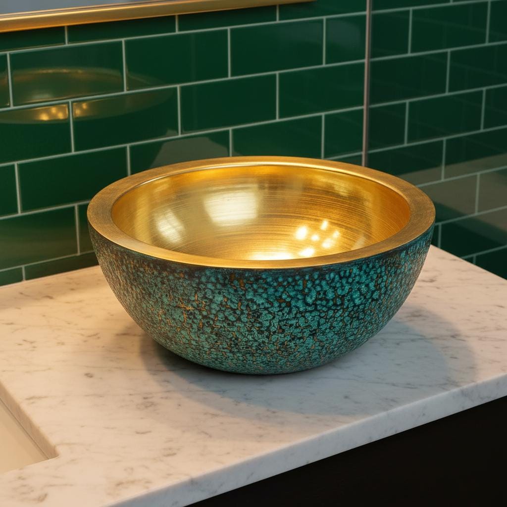 Gold and turquoise speckled bowl on a marble countertop with green tiled wall in the background