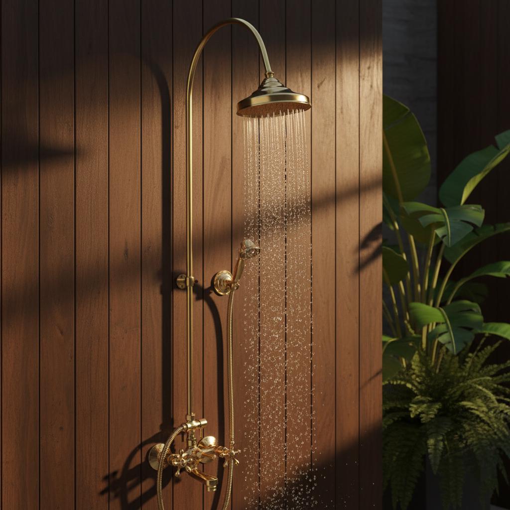 Gold shower head and fixtures on a wooden wall with plants in the background