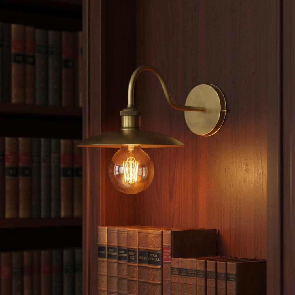 Wall-mounted lamp with a lit bulb in a room with bookshelves.