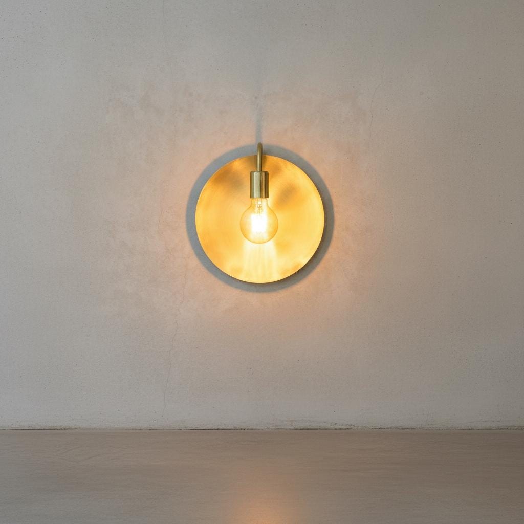 Round wall light fixture with a gold finish on a plain wall.