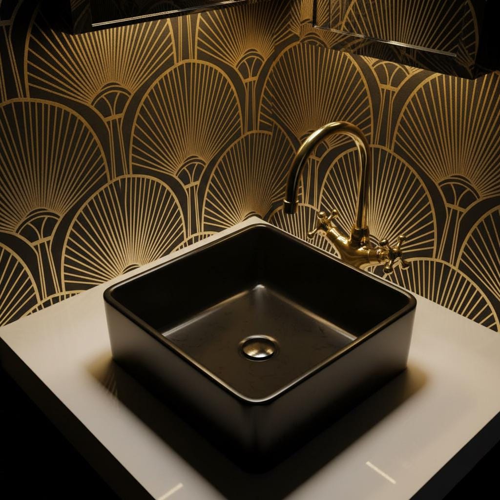 Black sink with gold faucet against a decorative gold and black wall.