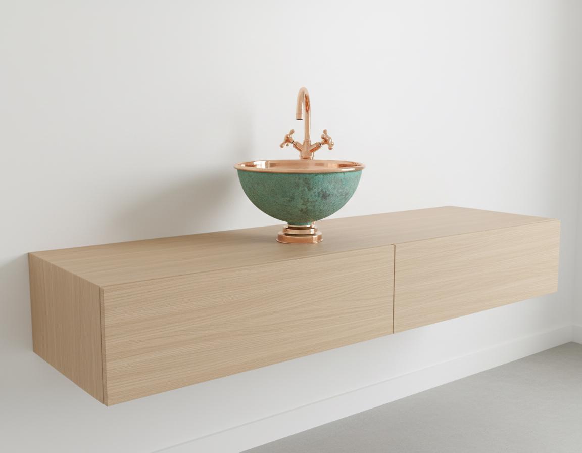 Bathroom vanity with a green ceramic sink and bronze faucet on a white background