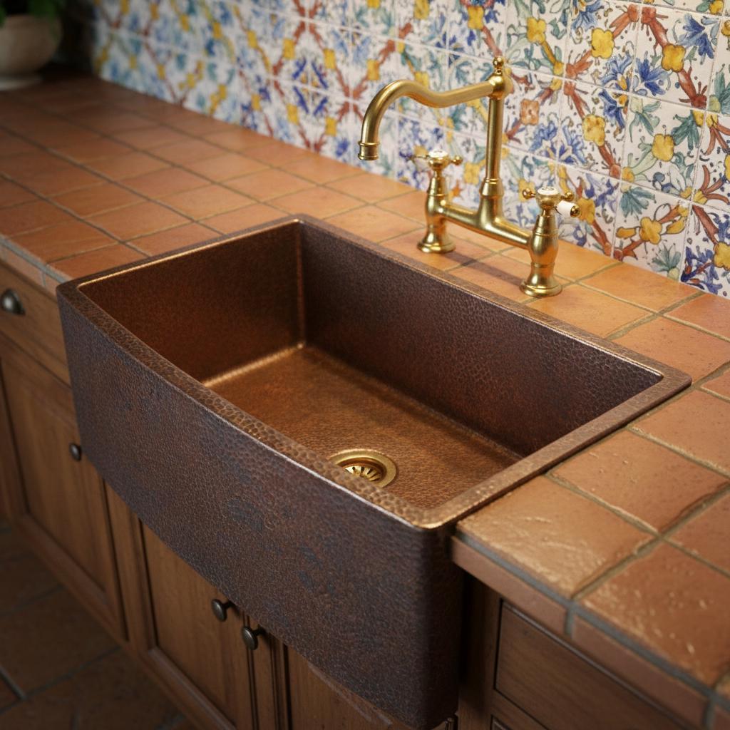 Copper kitchen sink with gold faucet on a tiled countertop