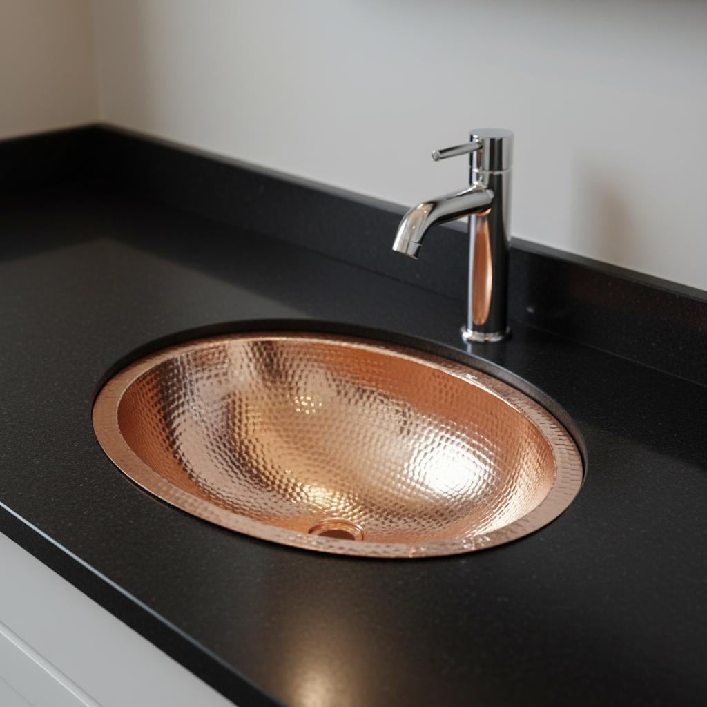 Copper sink with a silver faucet on a black countertop