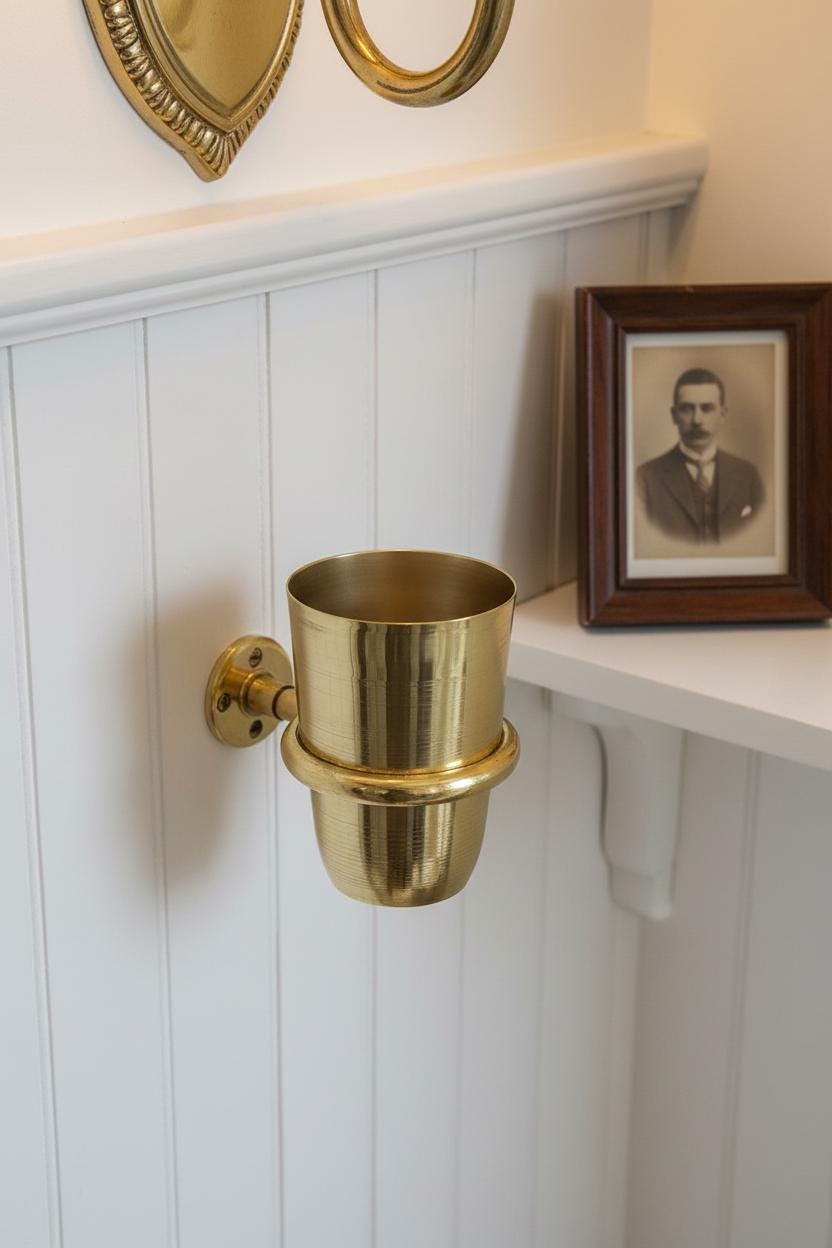 Brass wall-mounted cup holder on a white paneled wall with a framed photograph.