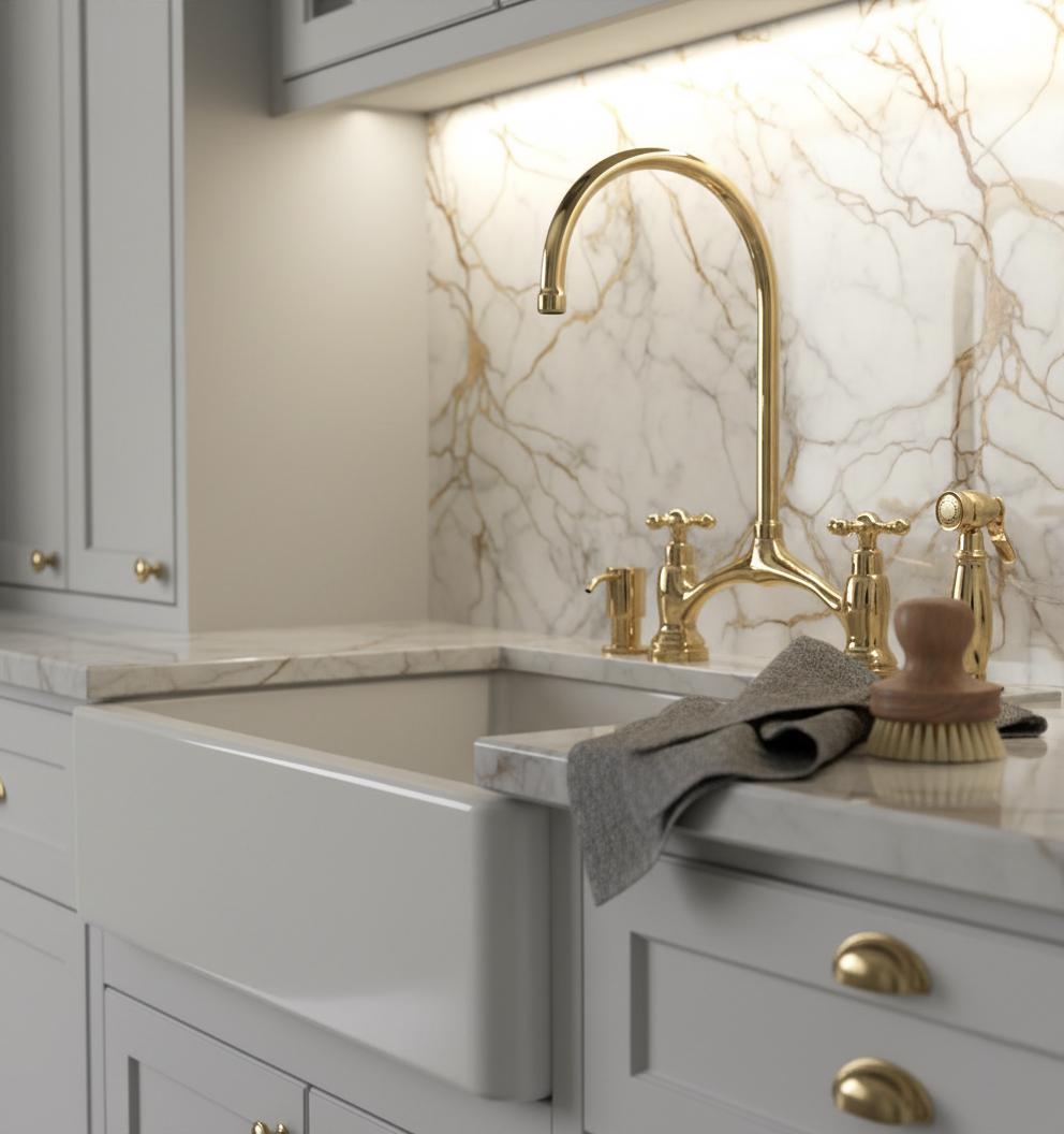 Kitchen sink with gold faucet and marble backsplash