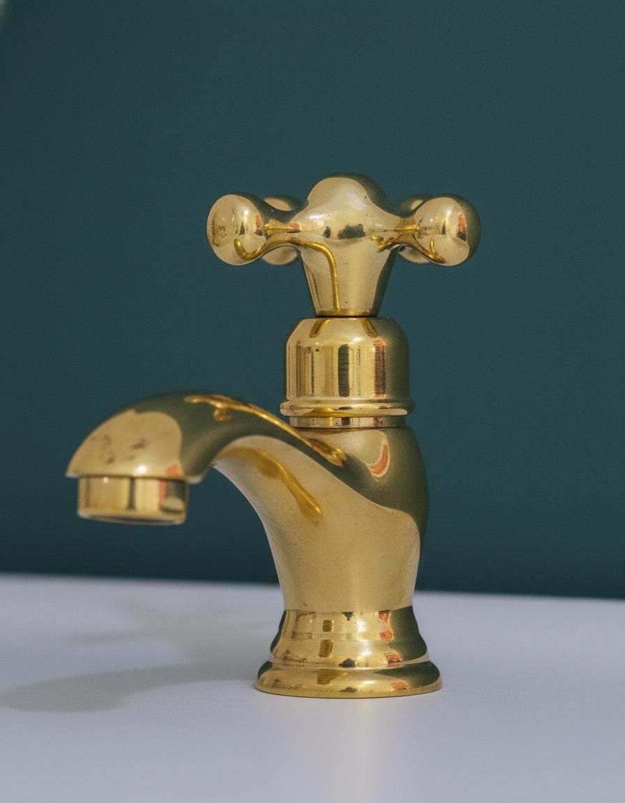 Gold faucet on a white surface with a dark green background