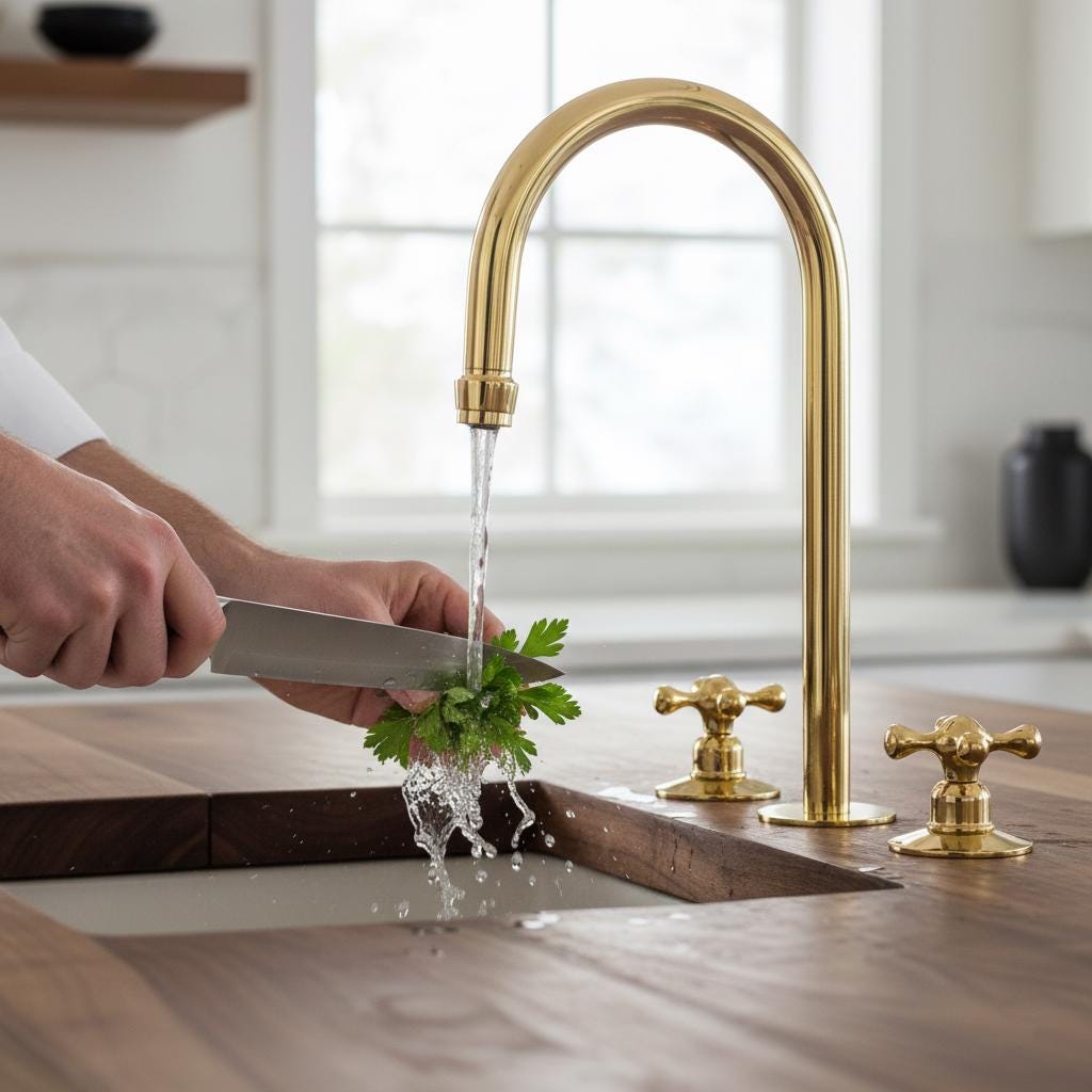 Gold kitchen faucet over a white sink with a light blue tiled wall in the background.