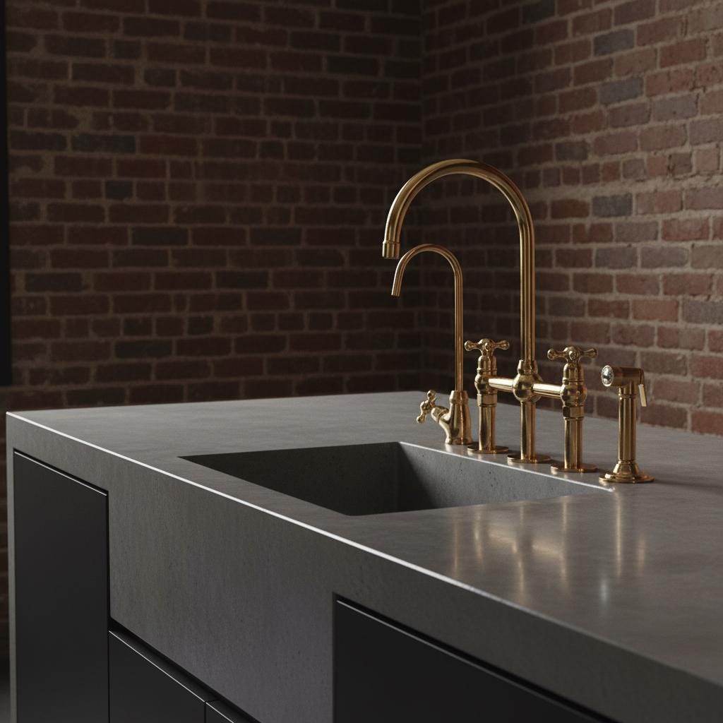 Modern kitchen sink with gold faucet against a brick wall