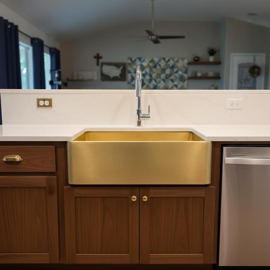 Kitchen with a gold sink and wooden cabinets