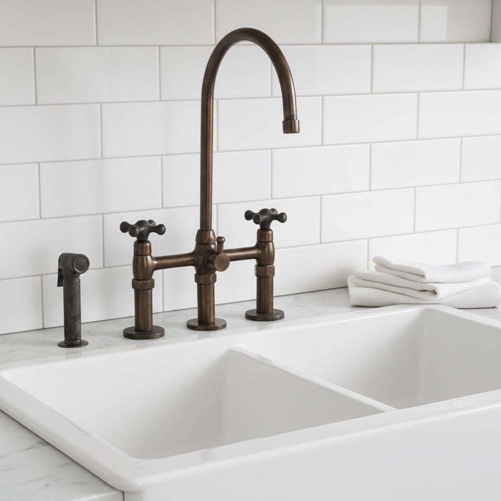 Bronze kitchen faucet and handles on a wooden countertop with a white sink.