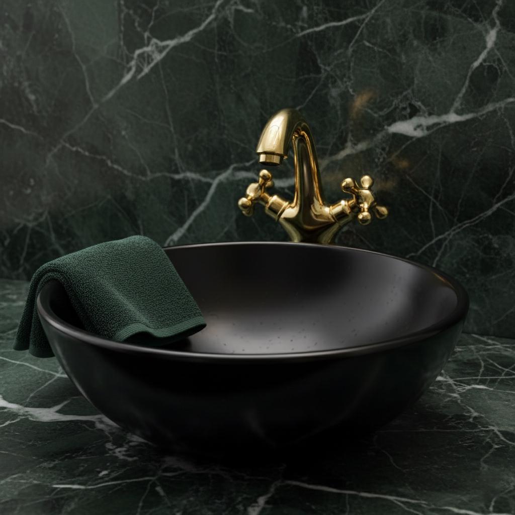 Black sink with gold faucet on a dark marble background