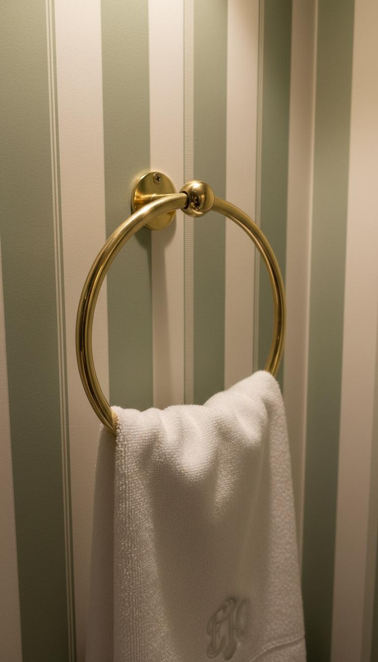 Gold towel ring with a white towel against a striped wall.