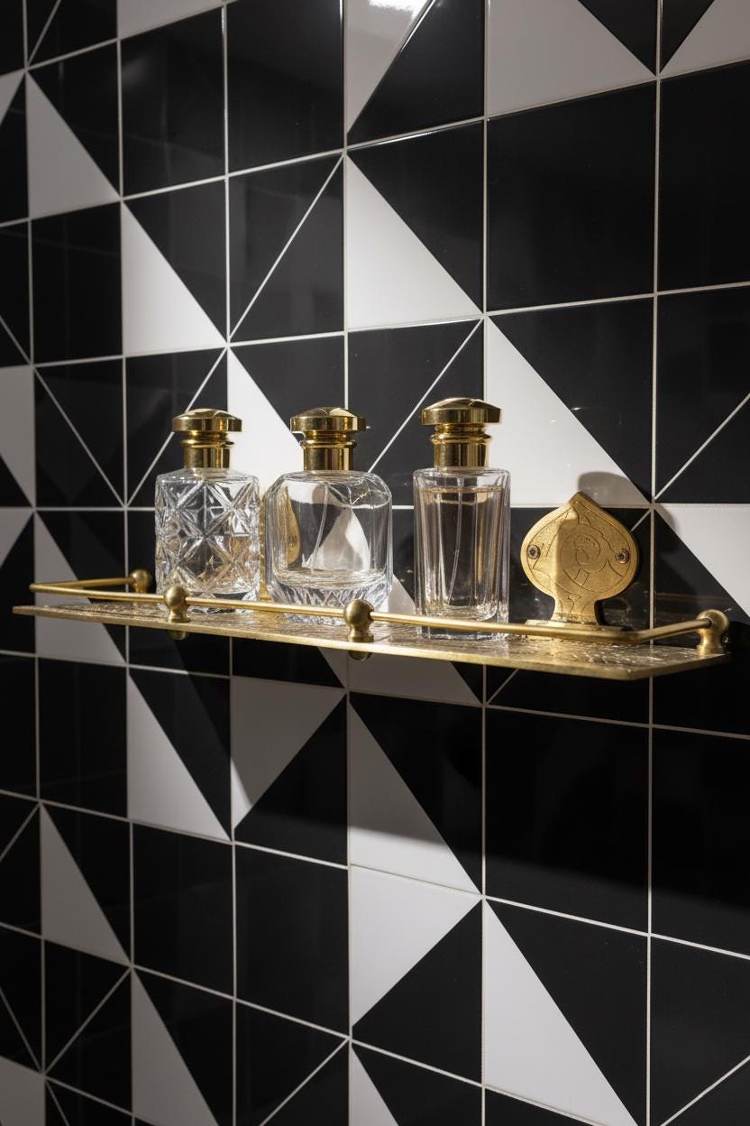 Three glass bottles with gold caps on a brass tray against a black and white geometric tiled wall.