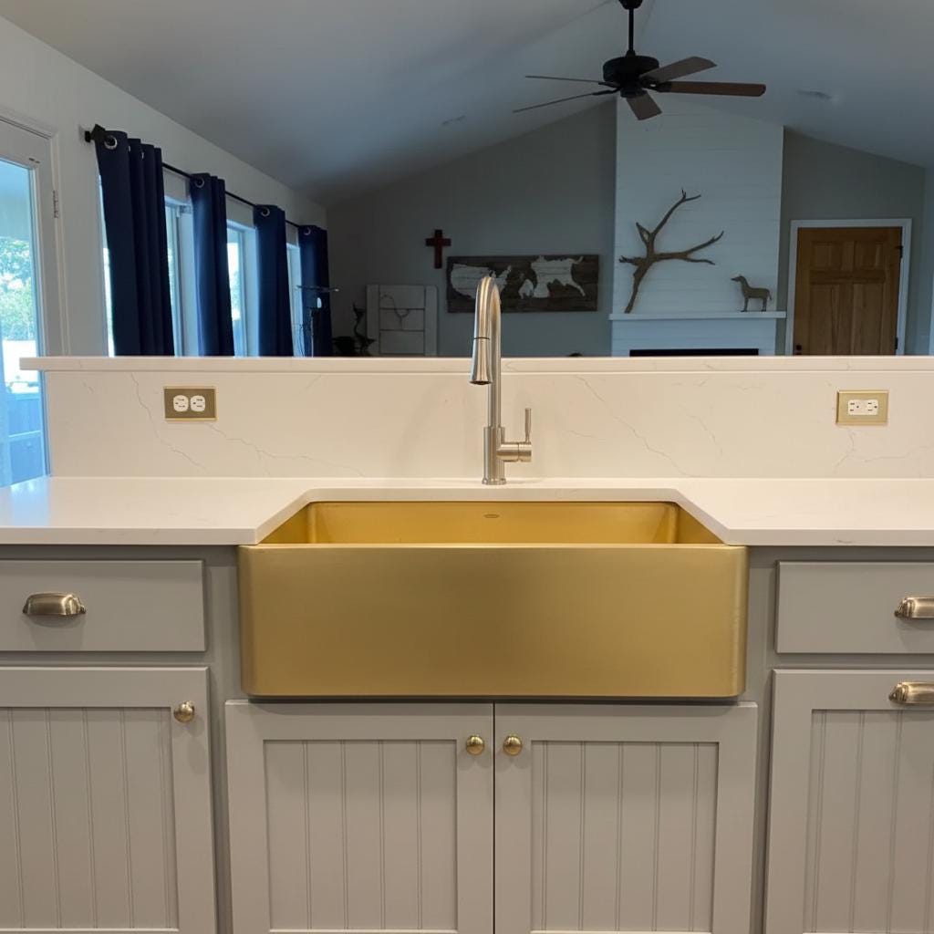 Gold farmhouse sink in a kitchen with wooden countertops and green cabinets.