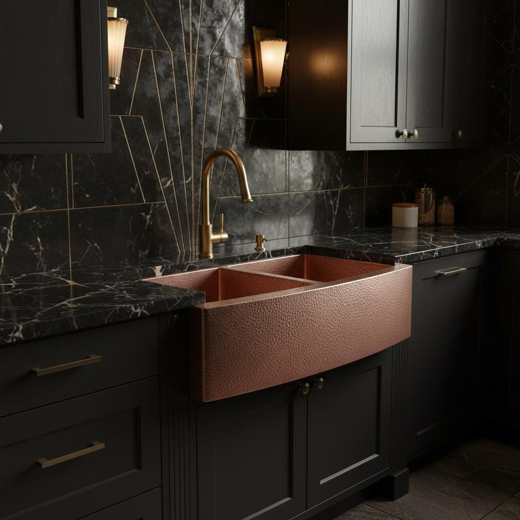 Copper farmhouse sink in a dark kitchen with marble countertop and black cabinets.
