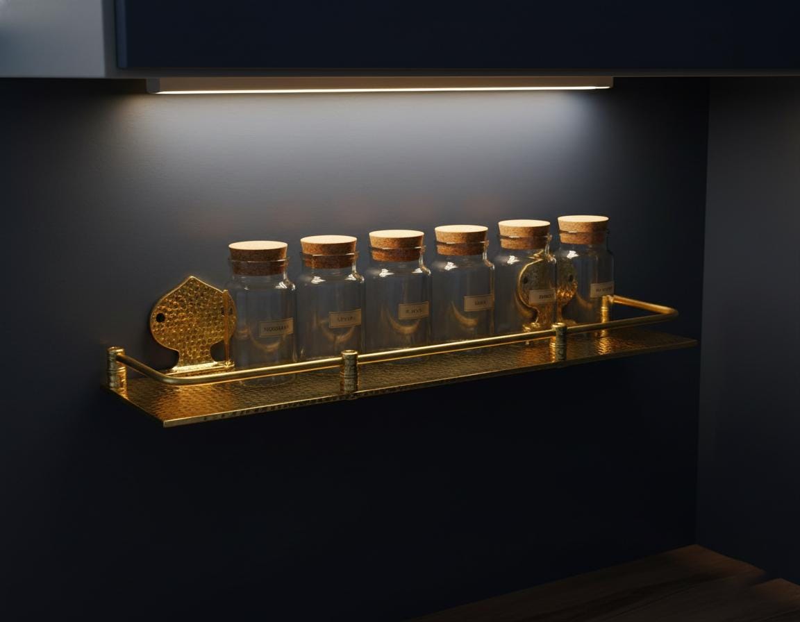Set of glass bottles with cork lids on a gold tray against a dark background