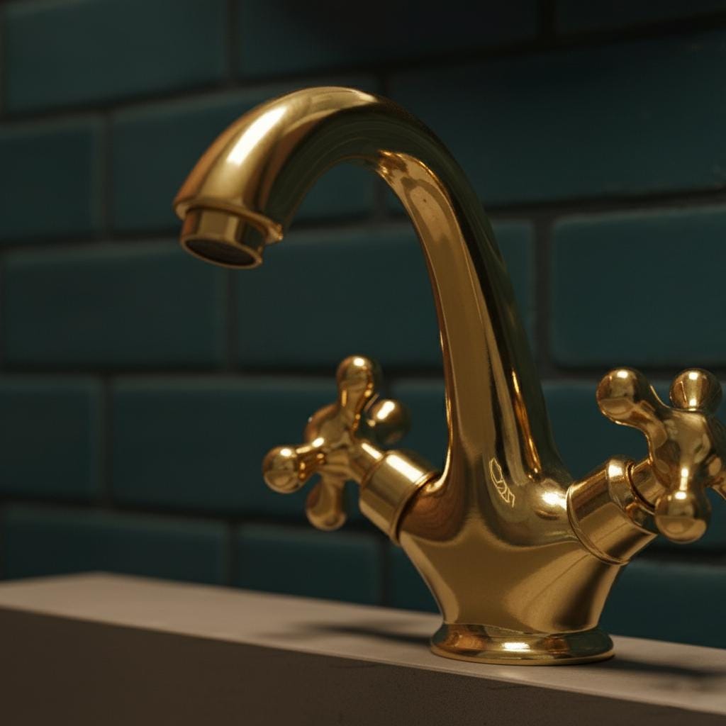 Gold faucet on a tiled wall background