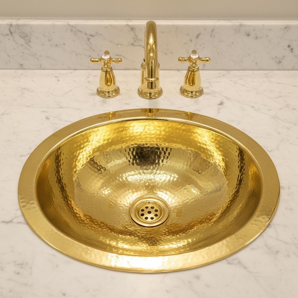 Gold sink and faucet set on a marble countertop