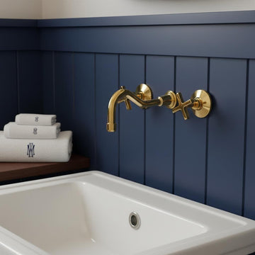Bathroom sink with gold faucet against a blue paneled wall