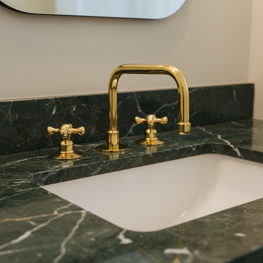 Gold faucet and handles on a marble countertop with a white sink.