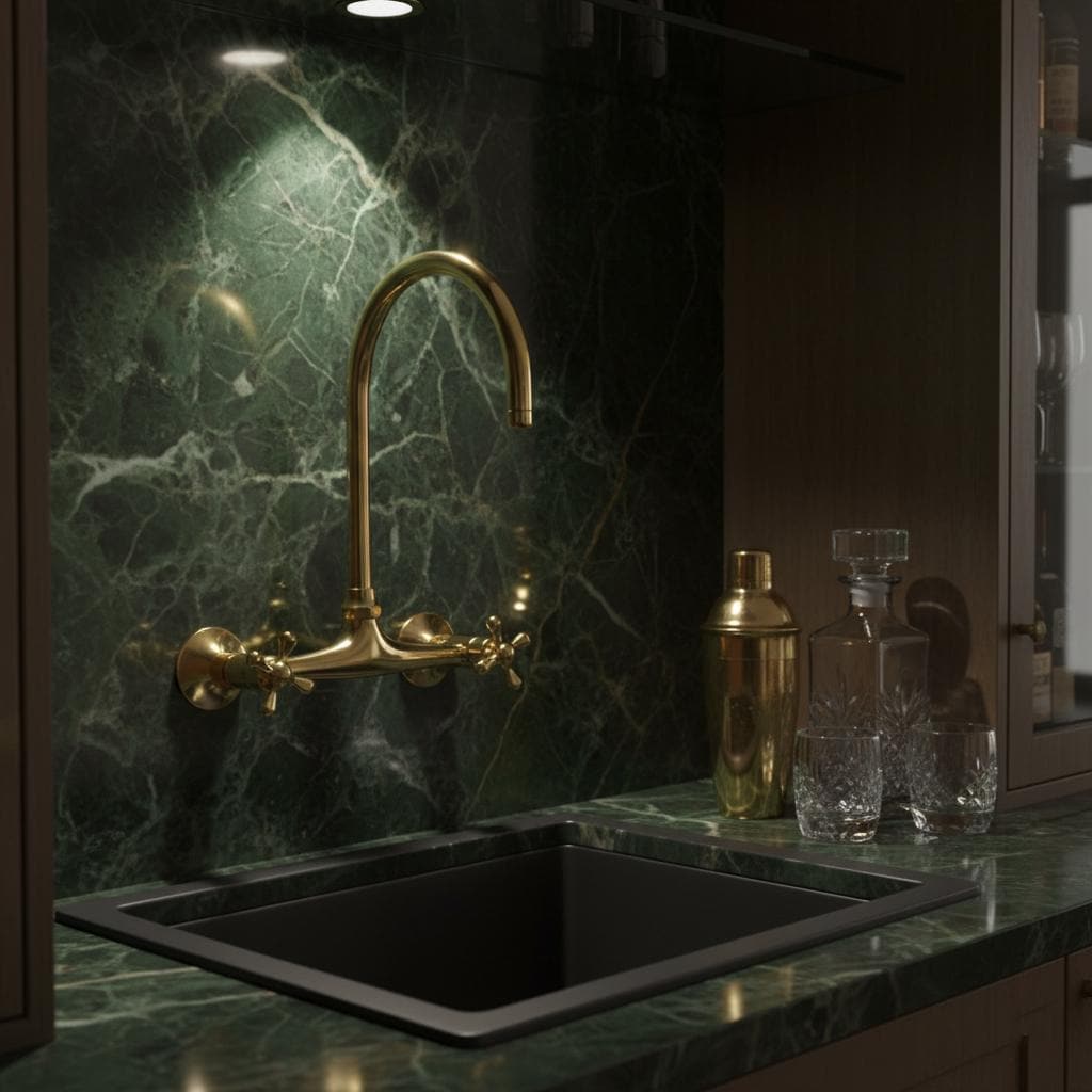 Gold faucet over a black sink with green marble backsplash