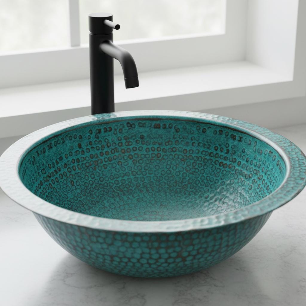 Teal mosaic sink with black faucet in a bathroom setting