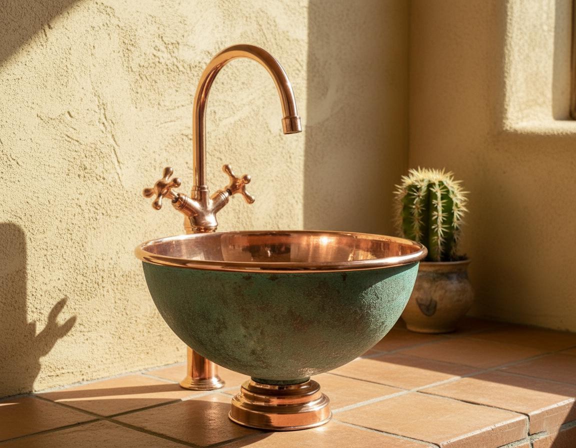 Bronze sink with faucet on a tiled floor against a stone wall