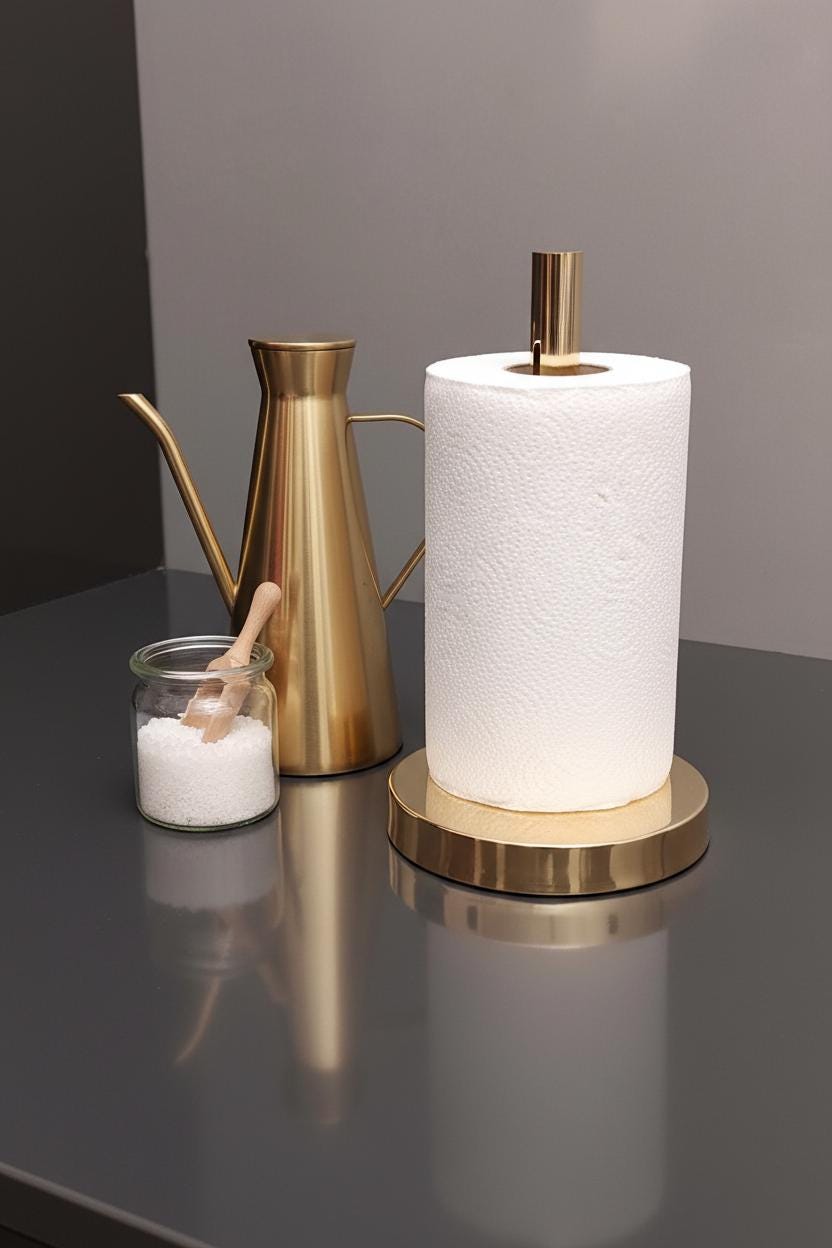 Gold paper towel holder with a roll of paper towels on a reflective surface.
