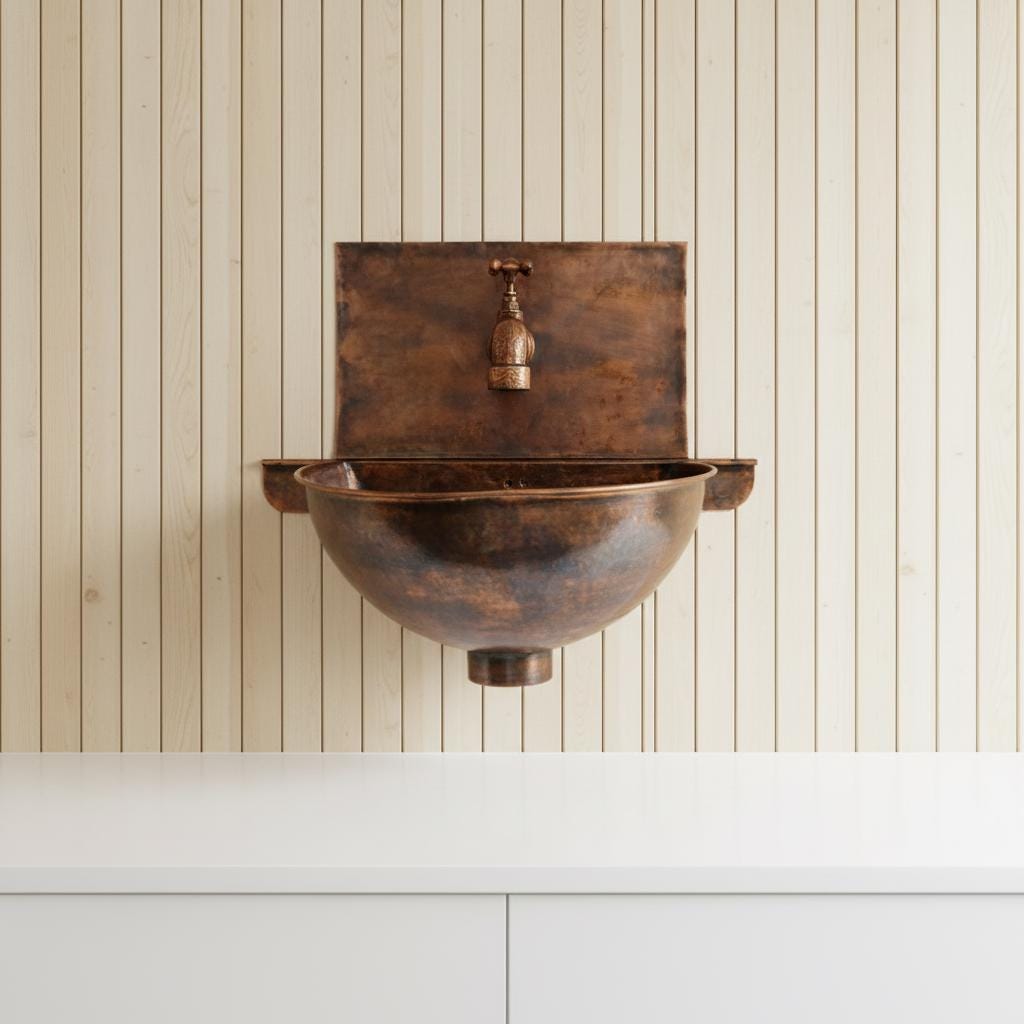 Copper wall-mounted sink with faucet against a striped wall.