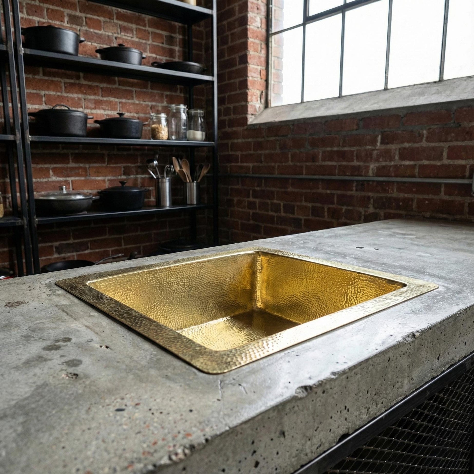 Gold sink on a concrete countertop with brick wall and window in the background
