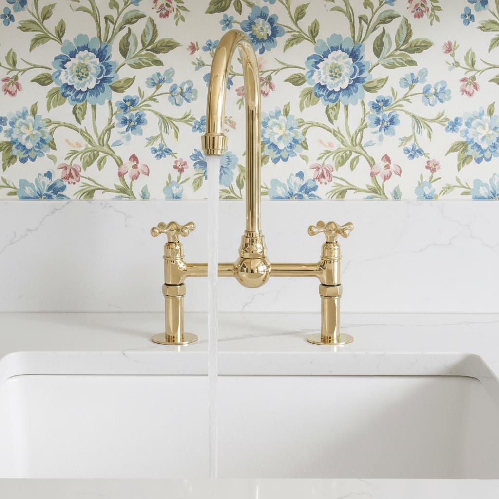 Gold faucet on a white sink with floral wallpaper in the background