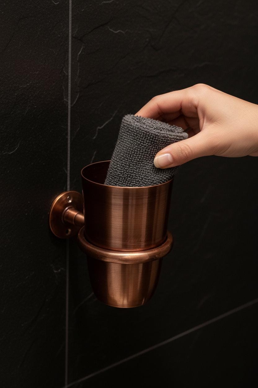 Hand holding a gray scrubber over a copper cup holder against a black tiled wall.