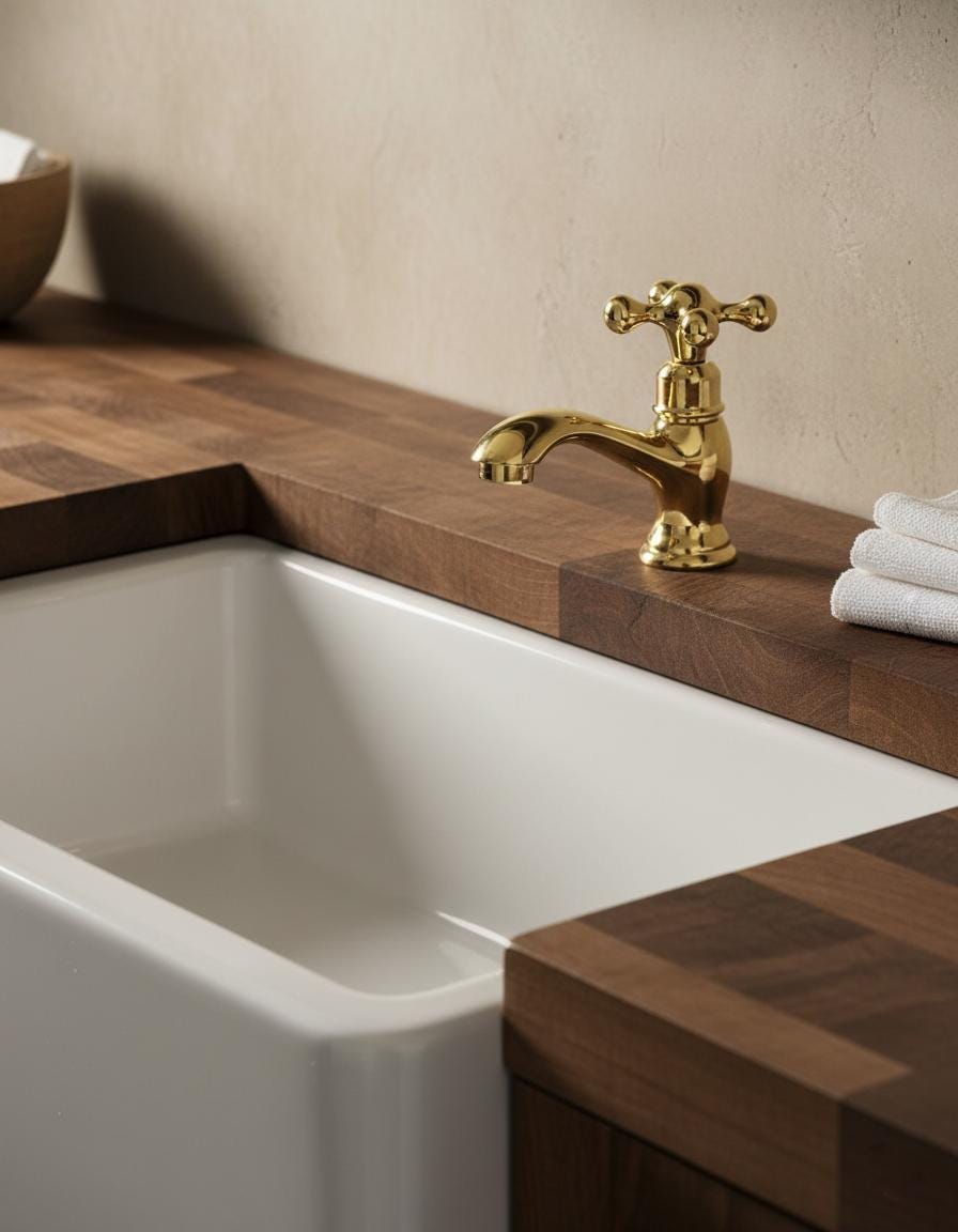 White sink with gold faucet on a wooden countertop