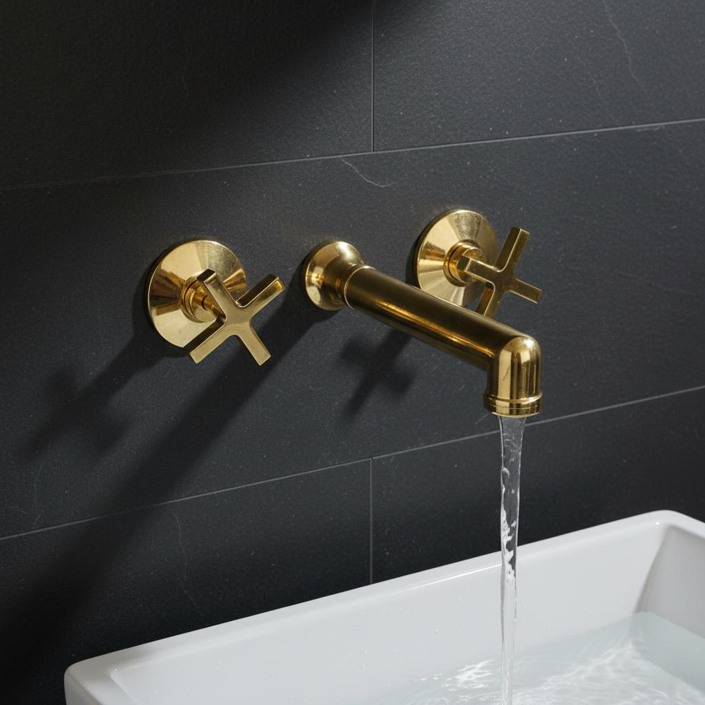 Gold faucet with water flowing into a white sink against a black tiled wall.