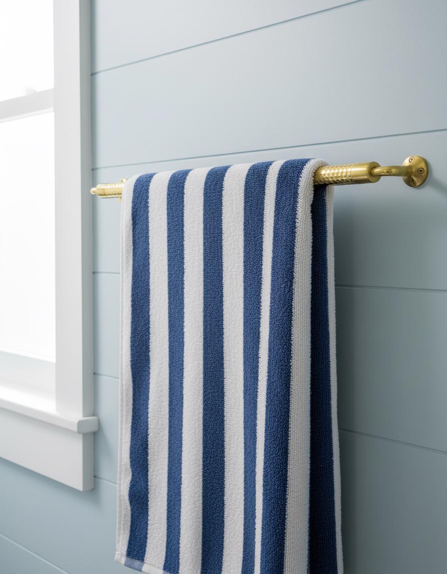 Blue and white striped towel hanging on a gold towel rack against a light blue wall.